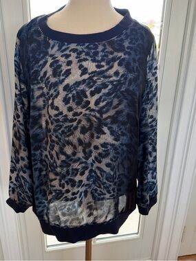 Vince Camuto Navy and Cream Leopard-Print Pullover